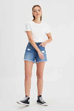 Regular Fit Normal Kesim Düşük Bel %100 Pamuk Mavi Jean Kot Şort - Mid Blue-W241112XT