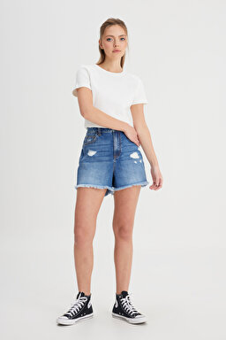 Regular Fit Normal Kesim Düşük Bel %100 Pamuk Mavi Jean Kot Şort - Mid Blue-W241112XT (görsel 2)