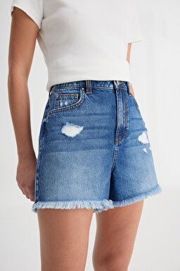 Regular Fit Normal Kesim Düşük Bel %100 Pamuk Mavi Jean Kot Şort - Mid Blue-W241112XT (görsel 3)