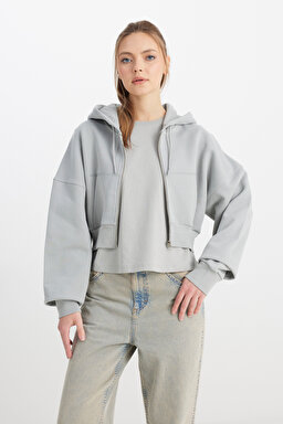 Relaxed Fit Geniş Kesim Kapüşonlu Fermuarlı %100 Pamuk Gri Sweatshirt Ceket - Gray-W241178035