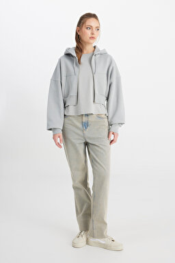 Relaxed Fit Geniş Kesim Kapüşonlu Fermuarlı %100 Pamuk Gri Sweatshirt Ceket - Gray-W241178035 (görsel 4)