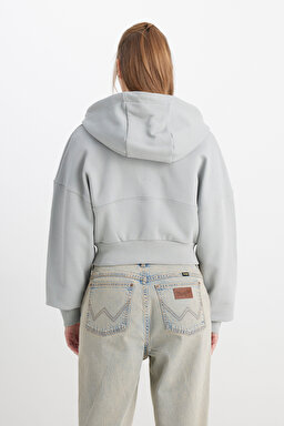 Relaxed Fit Geniş Kesim Kapüşonlu Fermuarlı %100 Pamuk Gri Sweatshirt Ceket - Gray-W241178035 (görsel 6)