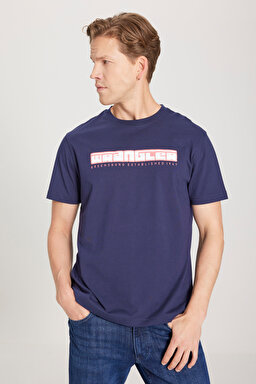 Regular Fit Normal Kesim Bisiklet Yaka %100 Pamuk Lacivert Tişört - Navy-W241199410 (görsel 2)