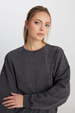 Relaxed Fit Geniş Kesim Bisiklet Yaka %100 Pamuk Antrasit Sweatshirt - Anthracite-W241234003 (görsel 2)