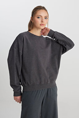 Relaxed Fit Geniş Kesim Bisiklet Yaka %100 Pamuk Antrasit Sweatshirt - Anthracite-W241234003 (görsel 4)
