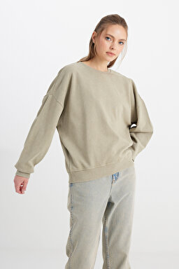 Relaxed Fit Geniş Kesim Bisiklet Yaka %100 Pamuk Haki Sweatshirt - Khaki-W241234801