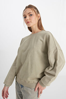 Relaxed Fit Geniş Kesim Bisiklet Yaka %100 Pamuk Haki Sweatshirt - Khaki-W241234801 (görsel 2)