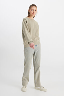 Relaxed Fit Geniş Kesim Bisiklet Yaka %100 Pamuk Haki Sweatshirt - Khaki-W241234801 (görsel 3)