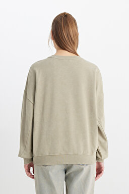 Relaxed Fit Geniş Kesim Bisiklet Yaka %100 Pamuk Haki Sweatshirt - Khaki-W241234801 (görsel 5)