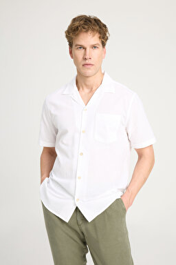Relaxed Fit Geniş Kesim Kısa Kollu %100 Pamuk Kırık Beyaz Gömlek - Off White-W241243102