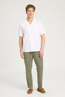 Relaxed Fit Geniş Kesim Kısa Kollu %100 Pamuk Kırık Beyaz Gömlek - Off White-W241243102 (görsel 3)