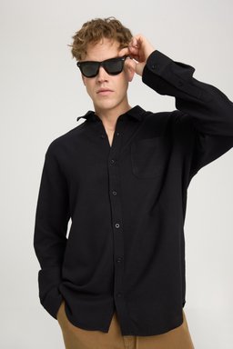 Loose Fit Rahat Kesim %100 Pamuk Siyah Gömlek - Black-W241248001