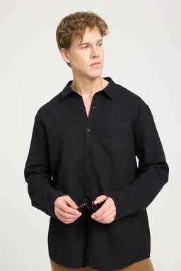 Loose Fit Rahat Kesim %100 Pamuk Siyah Gömlek - Black-W241248001 (görsel 2)