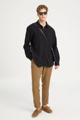 Loose Fit Rahat Kesim %100 Pamuk Siyah Gömlek - Black-W241248001 (görsel 3)