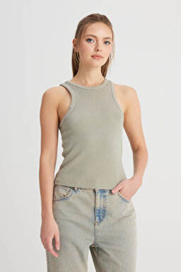 Slim Fit Dar Kesim Bisiklet Yaka Haki Bluz - Khaki-W241281801 (görsel 4)