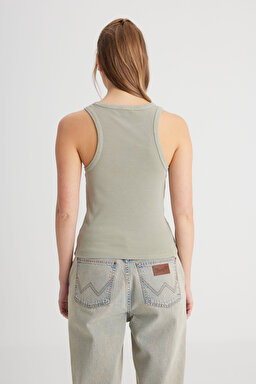 Slim Fit Dar Kesim Bisiklet Yaka Haki Bluz - Khaki-W241281801 (görsel 5)