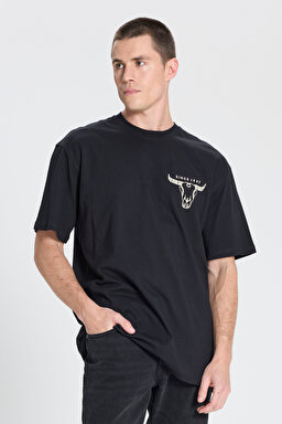 Loose Fit Rahat Kesim Bisiklet Yaka %100 Pamuk Siyah Tişört - Black-W241299001