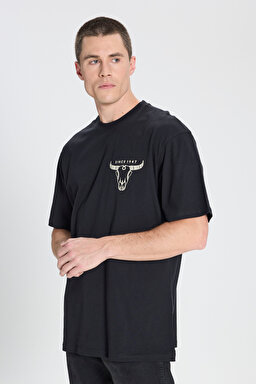 Loose Fit Rahat Kesim Bisiklet Yaka %100 Pamuk Siyah Tişört - Black-W241299001 (görsel 2)
