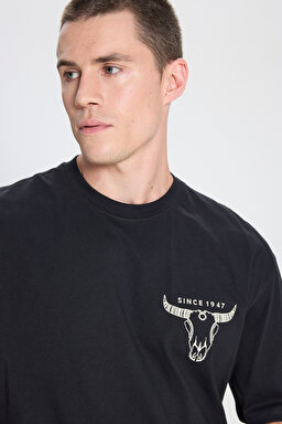 Loose Fit Rahat Kesim Bisiklet Yaka %100 Pamuk Siyah Tişört - Black-W241299001 (görsel 5)