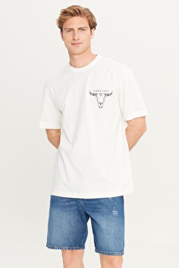 %100 Pamuk Loose Fit Rahat Kesim Bisiklet Yaka Beyaz Tişört - White-W241299100