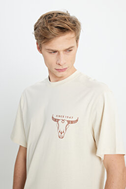 Loose Fit Rahat Kesim Bisiklet Yaka %100 Pamuk Ekru Tişört - Ecru-W241299104 (görsel 4)