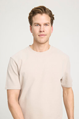 Regular Fit Normal Kesim Bisiklet Yaka Bej Tişört - Beige-W241404614 (görsel 2)