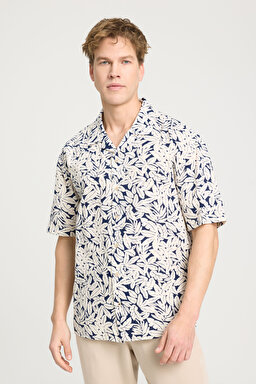 Relaxed Fit Geniş Kesim Kısa Kollu %100 Pamuk Lacivert Gömlek - Navy-W241406410