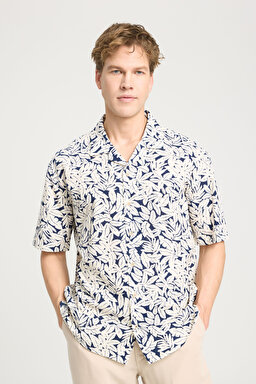 Relaxed Fit Geniş Kesim Kısa Kollu %100 Pamuk Lacivert Gömlek - Navy-W241406410 (görsel 2)