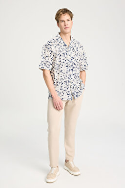 Relaxed Fit Geniş Kesim Kısa Kollu %100 Pamuk Lacivert Gömlek - Navy-W241406410 (görsel 3)