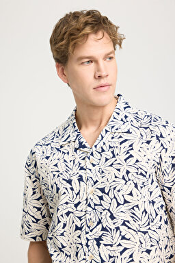 Relaxed Fit Geniş Kesim Kısa Kollu %100 Pamuk Lacivert Gömlek - Navy-W241406410 (görsel 4)