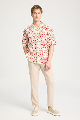 Relaxed Fit Geniş Kesim Kısa Kollu %100 Pamuk Çok Renkli Kırmızı Gömlek - Multi-W241406900 (görsel 3)
