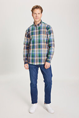 Regular Fit Normal Kesim %100 Pamuk Yeşil Çok Renkli Gömlek - Multi-W241409900 (görsel 3)