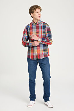Regular Fit Geniş Kesim %100 Pamuk Çok Renkli Turuncu Gömlek - Multi-W241410900 (görsel 3)