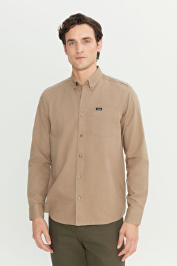 Regular Fit Normal Kesim %100 Pamuk Cep Detaylı Vizon Gömlek - Vizon-W241464208 (görsel 2)