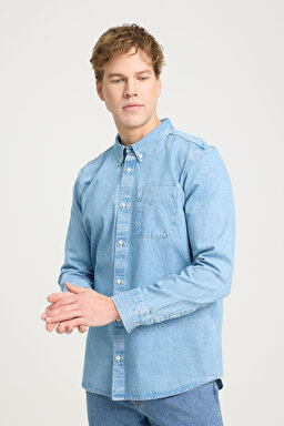 Regular Fit Normal Kesim %100 Pamuk Mavi Gömlek - Mid Blue-W241464XT (görsel 2)