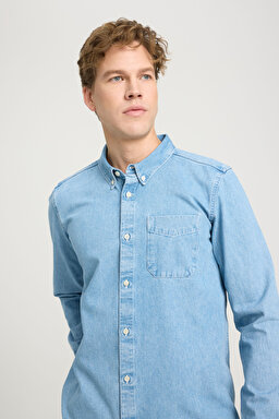 Regular Fit Normal Kesim %100 Pamuk Mavi Gömlek - Mid Blue-W241464XT (görsel 4)