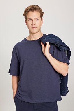 Regular Fit Normal Kesim Bisiklet Yaka %100 Pamuk Lacivert Tişört - Navy-W241556410
