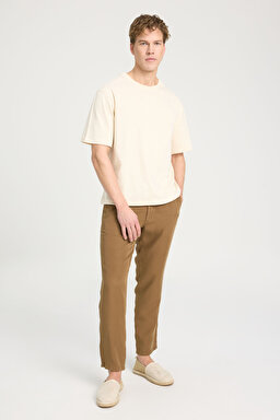 Regular Fit Normal Kesim Bisiklet Yaka %100 Pamuk Bej Tişört - Beige-W241556614 (görsel 3)