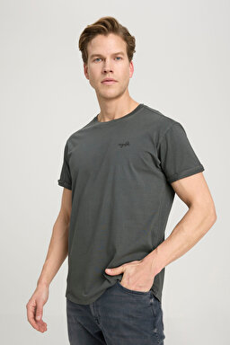 Loose Fit Rahat Kesim Bisiklet Yaka %100 Pamuk Siyah Tişört - Washed Black-W241576ON