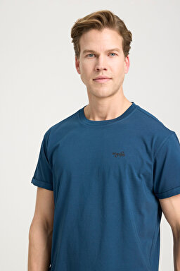 Loose Fit Rahat Kesim Bisiklet Yaka %100 Pamuk Lacivert Tişört - İndigo-W241576TF