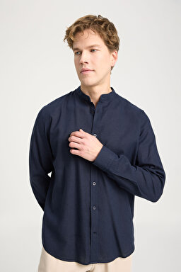 Relaxed Fit Geniş Kesim Hakim Yaka Lacivert Gömlek - Navy-W241577410 (görsel 2)