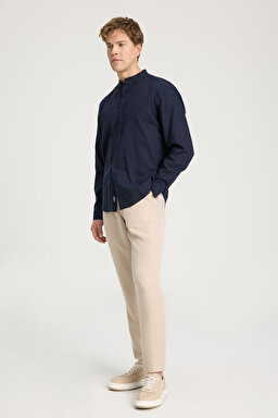 Relaxed Fit Geniş Kesim Hakim Yaka Lacivert Gömlek - Navy-W241577410 (görsel 3)