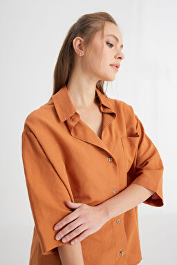Relaxed Fit Geniş Kesim Kısa Kollu Kahverengi Gömlek - Brown-W241597220 (görsel 2)