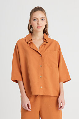Relaxed Fit Geniş Kesim Kısa Kollu Kahverengi Gömlek - Brown-W241597220 (görsel 4)