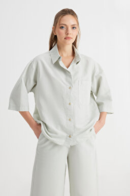 Relaxed Fit Geniş Kesim Kısa Kollu Mint Yeşili Gömlek - Mint Green-W241597303 (görsel 5)