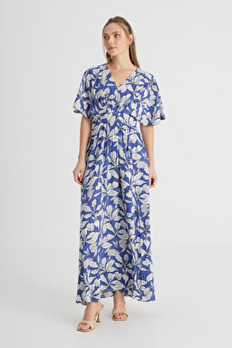 Loose Fit Rahat Kesim V Yaka Lacivert Elbise - Navy-W241598410