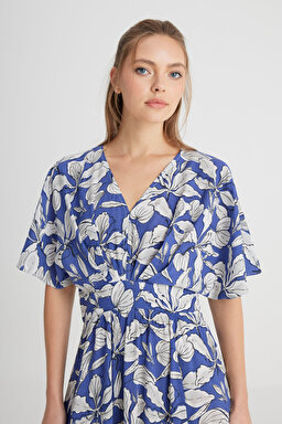 Loose Fit Rahat Kesim V Yaka Lacivert Elbise - Navy-W241598410 (görsel 4)