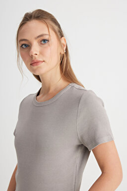 Slim Fit Dar Kesim Bisiklet Yaka Gri Tişört - Gray-W241600035 (görsel 2)