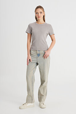 Slim Fit Dar Kesim Bisiklet Yaka Gri Tişört - Gray-W241600035 (görsel 3)