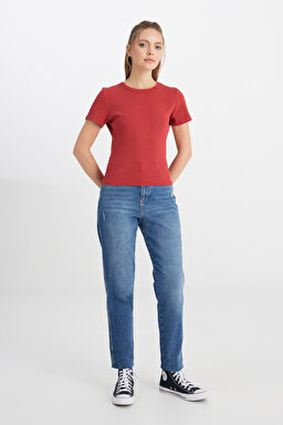 Slim Fit Dar Kesim Bisiklet Yaka Kırmızı Tişört - Light Rose-W241600821 (görsel 3)